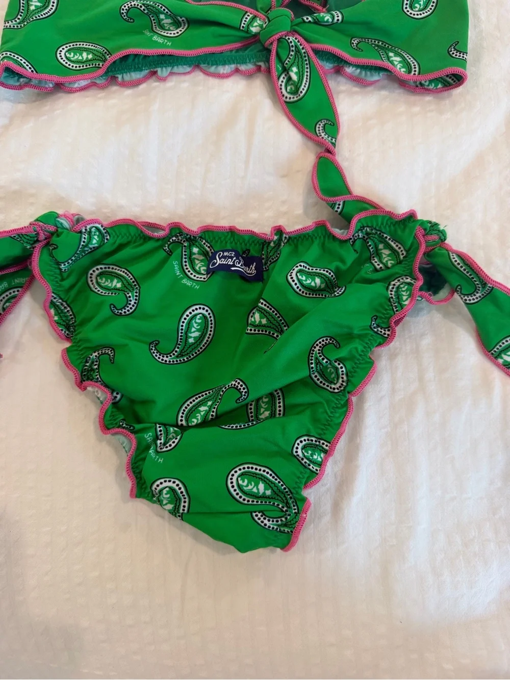 Green Paisley Kids Bikini Set with Pink Trim